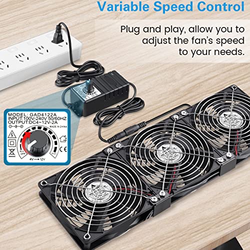 GDSTIME 3 x 120mm Computer Fan with AC Plug Variable Speed 110-120V Powered | 360mm, Adjustable 12V PC Fan with Controller, for RV Fridge, Server Cabinet, Grow Rack, DIY Cooling Ventilation Exhaust - size: 3x 120mm fan