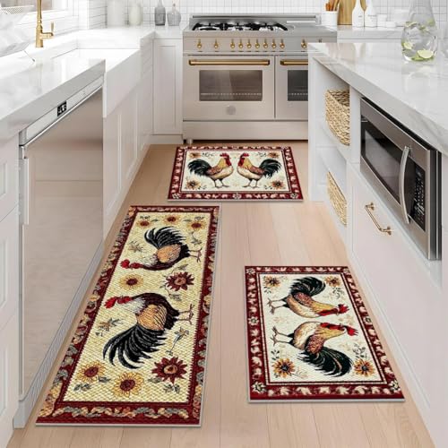 Red Farmhouse Kitchen Rugs Set of 3, Non Slip Washable Durable Stain Resistant Floor Mat Set,Warm Home Decoration Rooster Welcome Kitchen Runner Rug 16"X24"+20"X32"+20"X47" - color: Red Grid Pattern&rooster