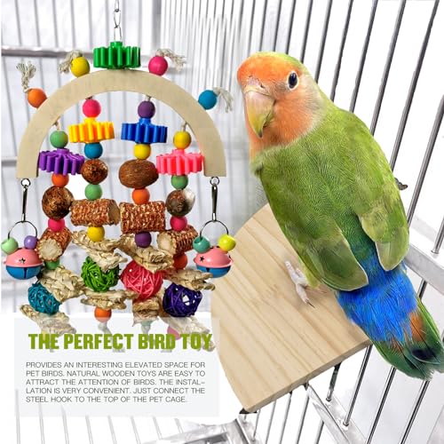 Wooden Parrot Chew Toy, Hanging Foraging Toy for African Grey & Macaw Birds | Colorful gear beads and natural bird toys with small bells relieve boredom, making them ideal cage decorations for parrots