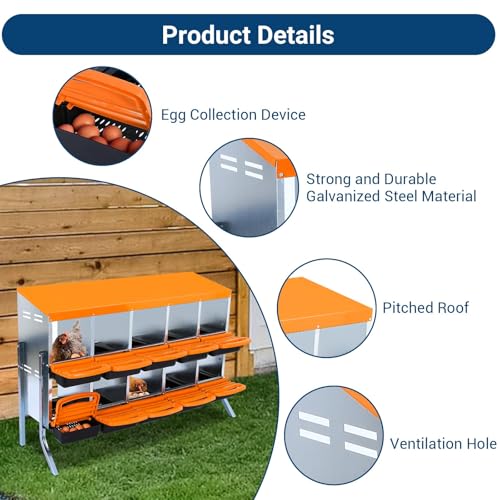 Chicken Nesting Box，Orange 10 Hole Chicken Laying Box with Bracket, Tray for Egg Collection, Large Holes for Ventilation, Suitable for Chickens & Ducks - color: Orange, size: 10 Holes with legs