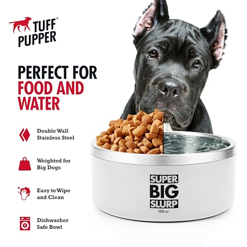 Tuff Pupper Heavy Duty Insulated Dog Bowl | Double Wall Stainless Steel Dog Food Dish | Non-Slip Spill Proof Dishwasher Safe Cat Bowl | Water Dish for Feeding Large Medium Small Pets (188oz, White) - color: Snow White, size: 188oz