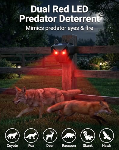 2 Pack Solar Nocturnal Animal Repeller with Dual Red LED Lights, Humane Coyote Deterrent for Fox Raccoon Skunk Deer, Waterproof Predator Lights for Chicken Coop, Farm & Garden (2, Black)