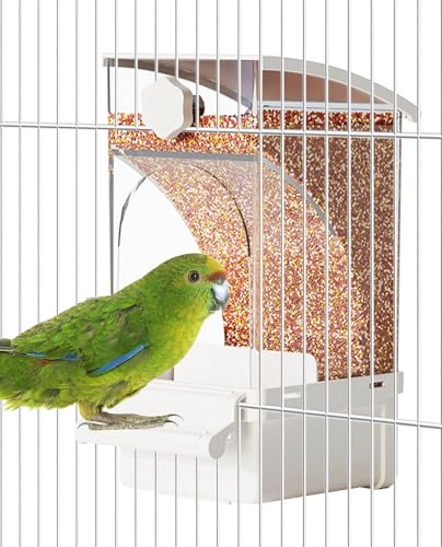 BNOSDM No Mess Bird Feeder Transparent Automatic Bird Cage Feeder with Perch Acrylic Parrot Food Container Parakeet Cage Accessories for Parakeets, Budgies, Cockatiel, Finch, Canary, Lovebird (White) - color: White
