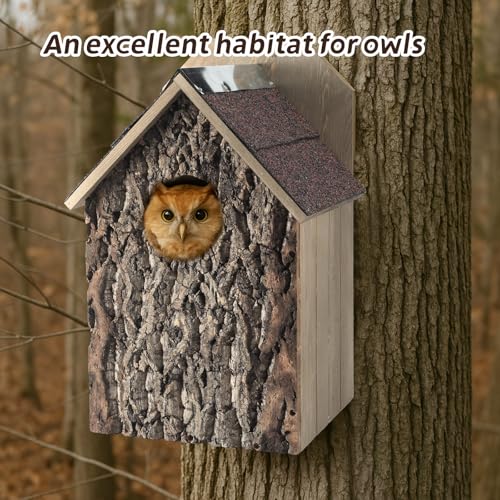 Weysat 1 Pack Screech Owl House for Outdoor Owl Nesting Box for Outside 12 x 12 x 19 Inch Cedar Wood Weather Resist Hang Handcraft Bark Shelter for Owls Bird Wildlife Lovers Garden Decor Easy Assembly