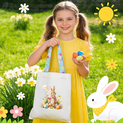 Easter Basket Bunny Canvas Tote Bag, 12.2x11 Inches, Natural Canvas, Hand-Carry, for Gift and Easter Egg Collection - color: C-pink