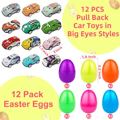 12 Pack Easter Eggs with Pull Back Car Toys, Colorful Eggs Vehicle for Kids Boys Toddlers Easter Basket Stuffers Filler Surprise Egg Hunt Classroom Prize Supplies Party Favors - style: 12 Pack Easter Egg with Pull Back Car