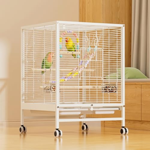 Bird Cage with Stand and Wheels, Parakeet Cage for Small Birds | 18.89"x18.87"x25.59" bird habitat with flight design, rolling stand, full view wire structure and easy access doors - size: 18.9"L x 18.9"W x 25.6"H
