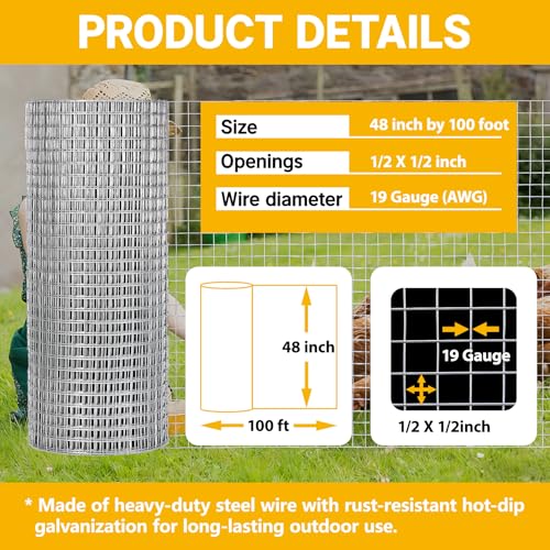 48in x 100ft Hardware Cloth Chicken Wire -1/2 Inch 19 Gauge Hot Dipped Galvanized After Welding Welded Wire Mesh, Rust-Proof Fencing for Gardens, Chicken Coops & Poultry Netting - size: Silver-1/2inch 48inch×100ft