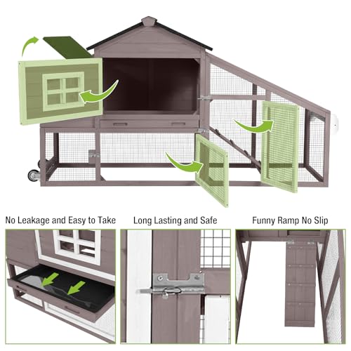 GUTINNEEN Chicken Coop Mobile Chicken House On Wheel Outdoor Rabbit Hutch for 2-4 Chickens 67"(Blown) - color: Blown