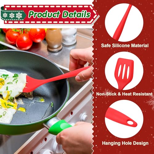 Reallnaive 24 Pack Christmas Silicone Turner Spatulas Heat Resistant | Christmas Cooking Utensils Gifts Set, Slotted Design for Draining, 24 Transparent Plastic Bags, 24 Round Cards, Ribbon