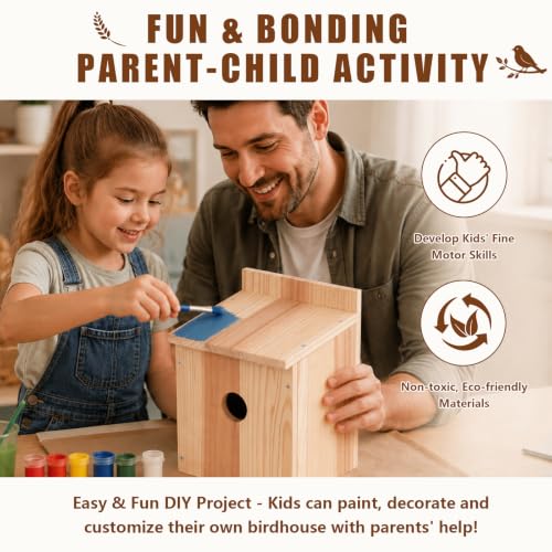 Bird House Kit, Large DIY Wooden Birdhouse Kits Including Paints and Brushes, Wooden DIY Bird House for Garden Yard Decor Gifts, Complete Crafting Kit