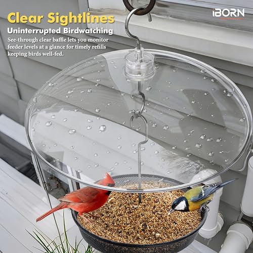 iBorn Hanging Bird Feeder Tray & Rainroof Cover, Bird Feeder Bowl with 13”Bird Feeder Cover for Rain Guard, Chew-Proof Polycarbonate & Thick Metal Hanger, Easy to Refill & Clean, Transparent & Black - size: Bird Feeder Tray+Rainroof Cover