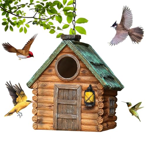 Rustic Hanging Bird House for Outside, Waterproof Resin Bluebird Nest Box | Ideal Nesting Shelter for Bluebird, Robin, Sparrow and Other Small Wild Birds, Backyard Landscape Decoration