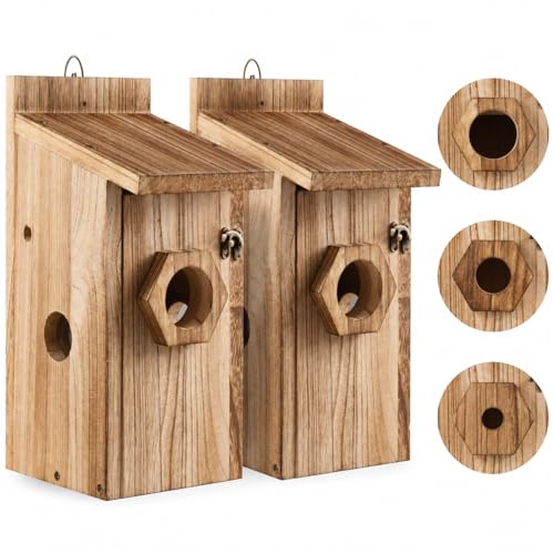 Bird House for Outside Hanging, Wooden Bluebird House with 3 Entrance Hole Sizes, Easy Clean Outdoor Birdhouse for Bluebirds Wrens Chickadees Finch Swallow, Ventilated Cedar Nesting Box - style: 2 Pack