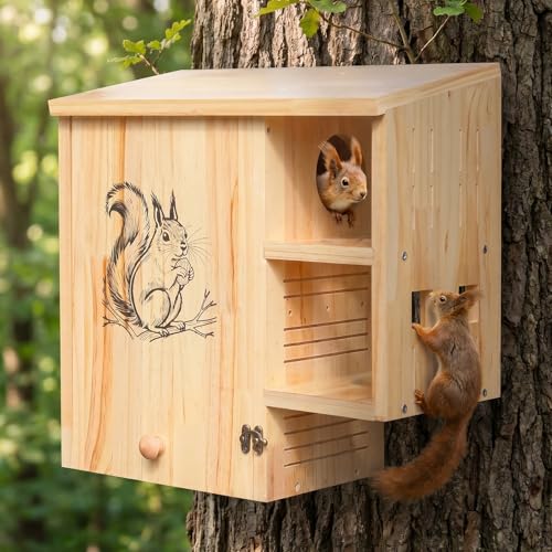Large Squirrel House for Outside, Wooden Squirrel Nesting Box | Solid Pine Den Box, Predator Guard & Easy-Clean Front Door, Enhanced Protection, Backyard Habitat Shelter for Outdoor Winter - size: Large