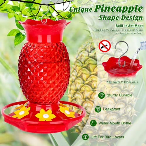 Fchstaer Glass Hummingbird Feeders for Outdoors Hanging 16oz 1 Pack Red Pineapple Bee & Ant Proof 360°Perch Leakproof Easy Clean with 6 Feeding Ports Gifts for Mom - color: Red-1PC
