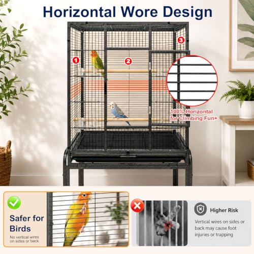54-Inch Bird Cage with Horizontal Wire Design, Wrought Iron Bird Flight Cage with Rolling Stand, and Slide-Out Tray Suitable for Parrot, Cockatiel, Lovebird, Finch, Pigeon.