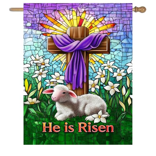 Christian Easter Garden Flags for Outside 28x40 Double Sided He Is Risen House Flag Religious Easter Lamb Decor Stained Glass Cross Flag Lily Spring Outdoor Flag Large - color: eastercross