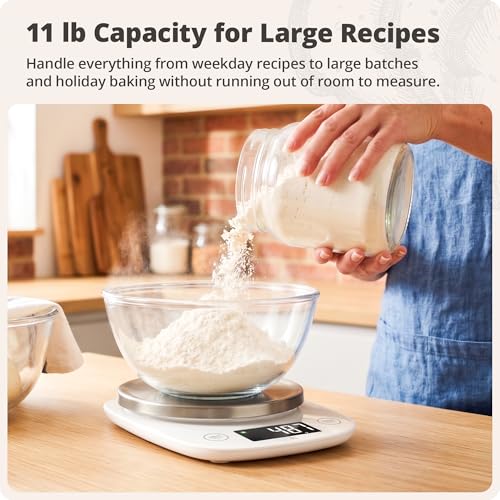 Greater Goods Digital Kitchen Scale for Baking, Sourdough, 11lb Capacity | Weigh Flour, Sugar & Batter in g, oz, ml or fl oz, Tap to Tare, Hold Function & Auto-Off, Stainless Steel Top & Storage Bag - color: White