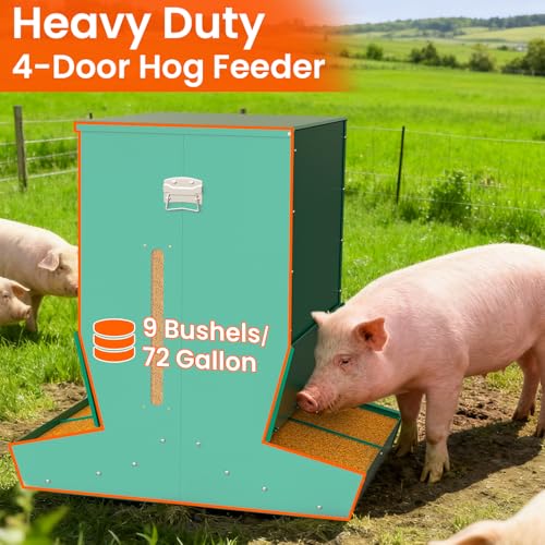 Pig Feeder, 4-Door Heavy Duty Galvanized Steel Hog Feeder,9 Bushels Capacity, Outdoor Pig Feeders with Visable Feed Design, Livestock Feeder for Barn, Farm, Feeding up to 10 Small Hogs, Green - size: 4-Door
