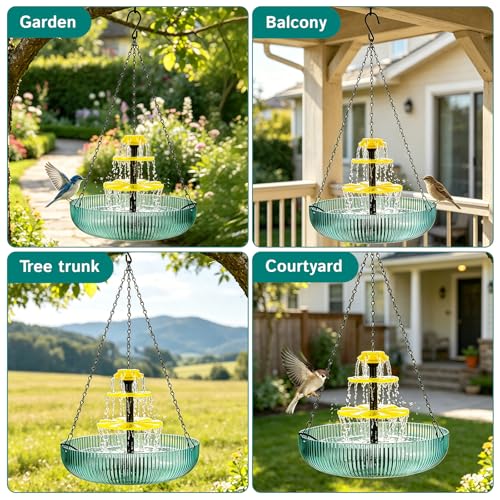 3-Tier Hanging Solar Bird Bath Fountain - Solar Powered Cascading Water Fountain with 16.4FT Extra Long Cord for Outdoor Garden Patio Yard Hummingbirds & Wild Birds Decoration