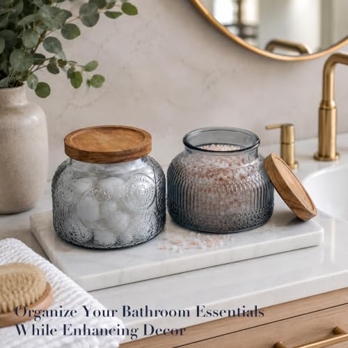 Decorative Grey Glass Jars with Airtight Wooden Lids 2 pack, 25.4 fl. oz | Wide mouth vintage storage canister, kitchen pantry bathroom organization, coffee sugar tea cookie candy candle vase gift - size: 25.4 Ounces, style: Grey 2pc