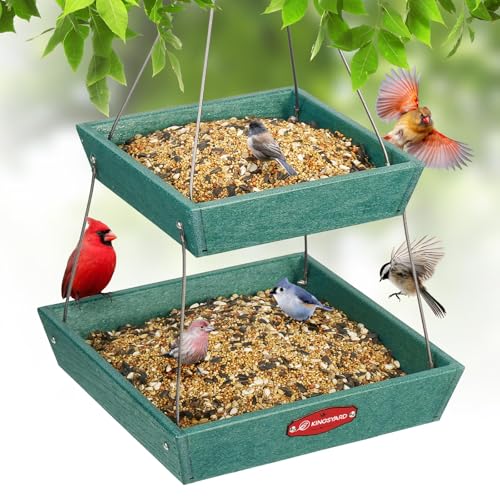 Kingsyard 2 Tier Large Platform Bird Feeder for Outdoors Hanging | Large Recycled Poly Lumber Tray, 5 Lbs Capacity, Garden Decoration Attracts Cardinal Bluebird Goldfinch, Green - color: Green