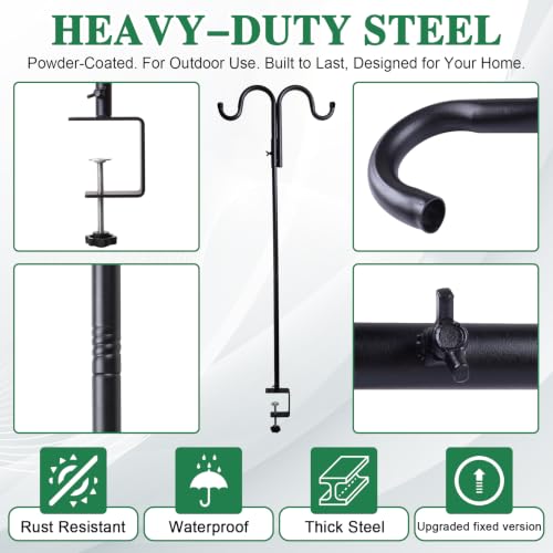 43" Shepherds Hook for Deck Railing, Double Arm Bird Feeder Holder, 2 Pack | Adjustable clamp, heavy duty steel, outdoor plant hanger, bird feeder pole, deck hook for railing, hanging plants & lanterns - color: Black - 2 Pcs