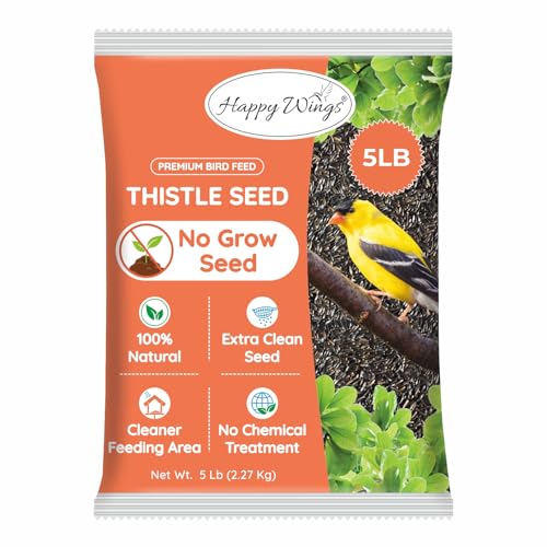 Happy Wings 5LB Thistle Seed Bird Food, 100% Natural, Extra Clean, No Grow | Oil Rich, High Fat & Energy Content, Single Grain, USDA & BRC-GS Approved, Finches, Sparrows, Chickadees, Cardinals, No Mess