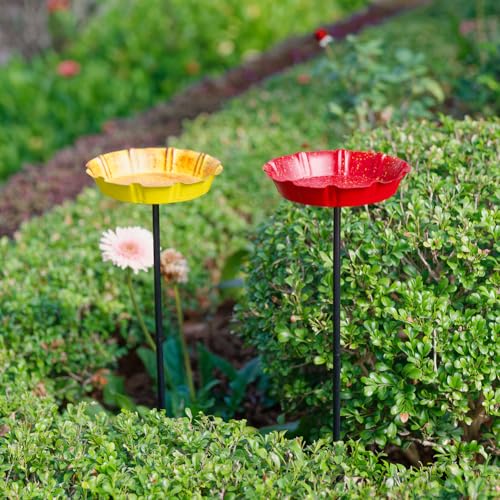 DREAMSOUL 2 Pack Bird Bath with Stake, Metal Garden Birdbath | Solid Metal Structure, Stable Ground Stake, Weather Resistant Red & Yellow Bird Bath for Outside Garden All-Year Use - size: 2PCS