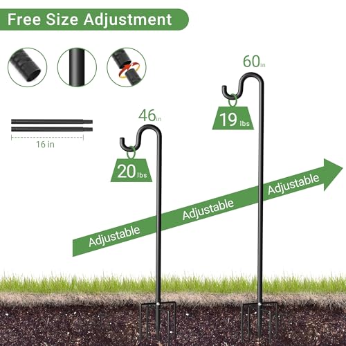 60" Shepherds Hooks for Outdoor, Extra Thick Bird Feeder Pole with 5 Prong Base, Adjustable Shepards Hook for Garden, Weddings, Hanging Plant - size: 60 Inch
