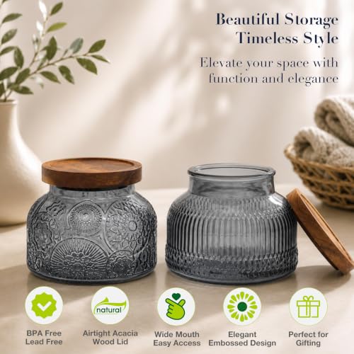 Decorative Grey Glass Jars with Airtight Wooden Lids 2 pack, 25.4 fl. oz | Wide mouth vintage storage canister, kitchen pantry bathroom organization, coffee sugar tea cookie candy candle vase gift - size: 25.4 Ounces, style: Grey 2pc