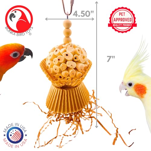 Bonka Bird Toys 1925N Natural Cake Bird Toy – 7" Tall, Lightweight, Bird-Safe Sola Plant Ball Core with Shreddable Cupcake Cups & Wooden Beads – Ideal for Finches, Parakeets, Lovebirds & Small Birds