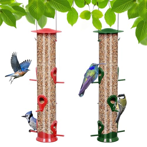 2 Packs Bird Feeder Tube Hanging Feeders, 6 Port Wild Bird Feeders Premium Hard Plastic with Steel Hanger Weatherproof and Water Resistant Great for Attracting Birds 18.2 Inches Large (Red + Green) - color: 2Packs-red&green