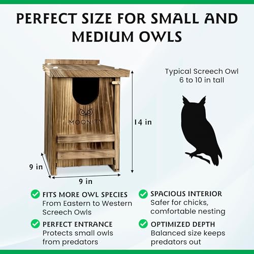 MOONITY Fire-Treated Cedar Owl House Bundle – 16"x12"x12" & 14"x9"x9" Nesting Box Set for Barn, Screech, Kestrel & More – Weatherproof, Predator-Safe & Easy to Install