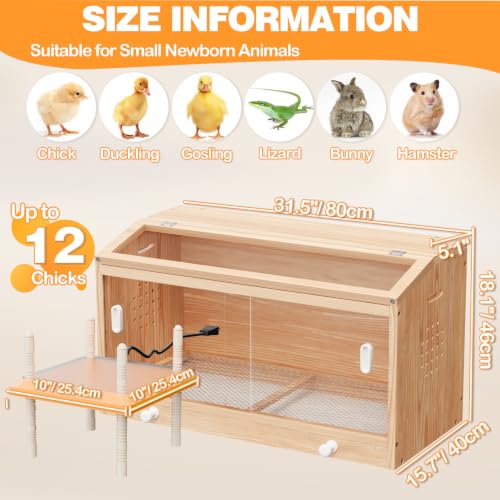 Wooden Chicken Brooder Box with Heating Plate Brooder Heater for Chick Brooder Indoor 32x16x18'' Accommodates Up to 15 Chicks Ideal for Chickens Ducks Quails Hamsters Lizards - size: 31.5 x15.7 x18''