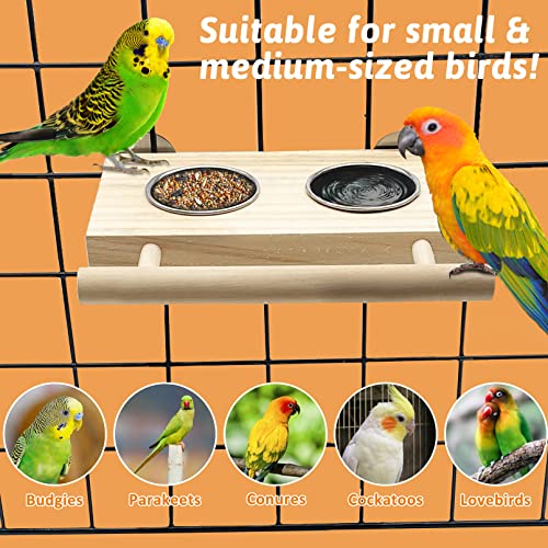 Tfwadmx Bird Food Stainless Steel Cups Wooden Perch Stand Hanging Feeder Bowls Feeding and Watering Supplies for Parakeets Conures Cockatiels Budgie Parrot - size: 8’’x 5’’