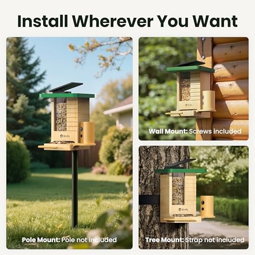 Smart Bird Feeder with Camera Solar Powered, Slow-Motion Video & Night Insight, AI Identify 6000+ Species Lifetime Free, Ideal for Outdoors Bird Watching & Gifts for BirdLovers, Wood | Fir Wood, No Subscription, Live Stream, Night Insight, 1080P, AI Bird