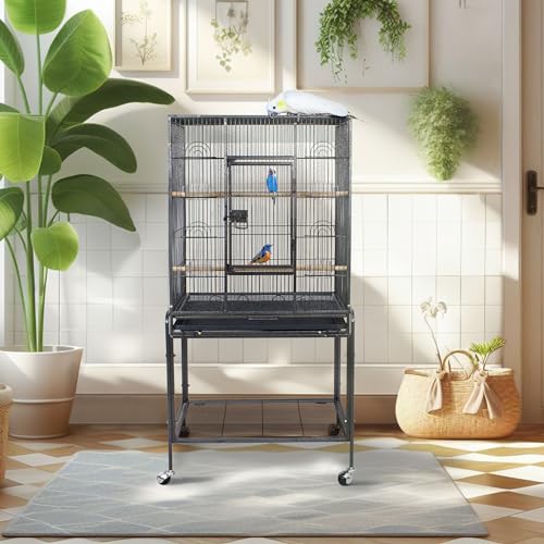 ZENY 53-Inch Parakeet Bird Cage, Wrought Iron Large Parrot Flight Birdcage | with Rolling Stand, Perches, Slide-Out Tray and Plastic Feeders, Casters,Bird Cage for Cockatiels Canary Finch - color: Black + Silver