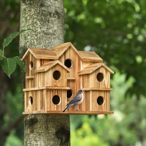 Bird Houses for Outside 10 Hole Bird House Room for 10 Bird Families Large Bird House for Garden/Courtyard/Backyard Decor Finch Bluebird Cardinals Handmade Hummingbird House