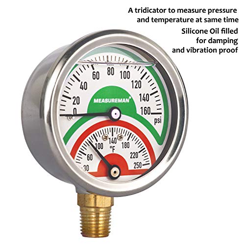 MEASUREMAN Tridicator, Thermo-Manometer, 2-1/2", Silicone Oil Filled, 0-160psi/30-250 deg F, Stainless Steel Case, 1/4" NPT Lower Mount Pressure Gauge - size: Lower Mount-Liquid Filled
