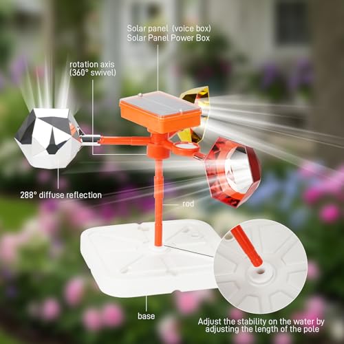 Solar Floating Pool Bird Deterrent, 360° Wind-Driven Reflective Spinner with Sound Box, Upgraded Duck Away Reflector with Shatterproof Mirror for Garden, Patio, Boat & Orchard