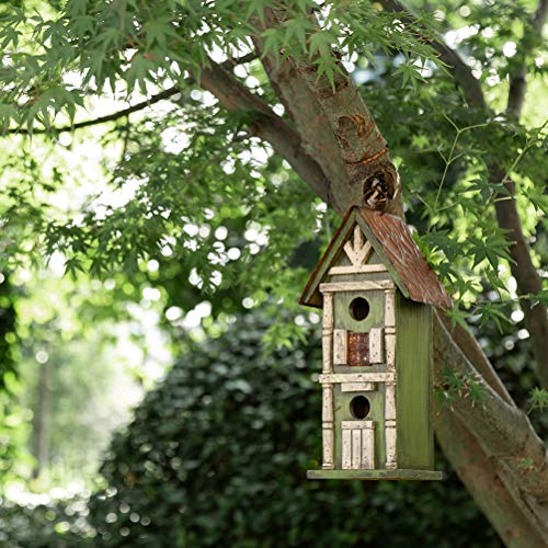 Glitzhome 12.75" H Hanging Green Two-Tiered Distressed Wooden Garden Bird House - color: 12.75"H Two-Tiered