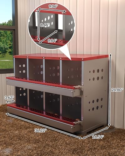 Chicken Nesting Box, 8 Compartment Metal Nesting Box, Wall Mountable Nesting Boxes with Swing Perch and Roll Away Egg Collection, Vented Holes, 8 Training Eggs Included, Red - color: Red