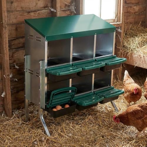 GarveeHome 2-Tier Chicken Nesting Box, 6 Compartment Metal Chicken Laying Boxes with Waterproof Roof ＆ Removable Trays for Hens, Poultry，Easy Egg Collection - color: Green, size: 37.6"L x 17.5"W x 9.4"H