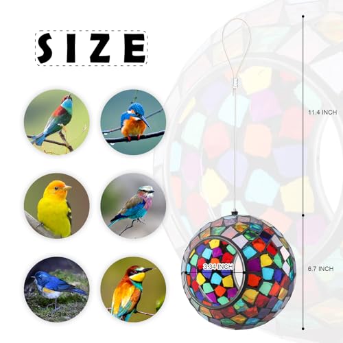 VCUTEKA Mosaic Bird Feeder Fly Through Hanging Birdfeeders for Garden Decor | 7" Mosaic Bird Feeeder for Outside, Round Polygon Shape Glass Container to Attract Wild Birds for Outdoors Garden Lawn Decor - color: Yellow&Red