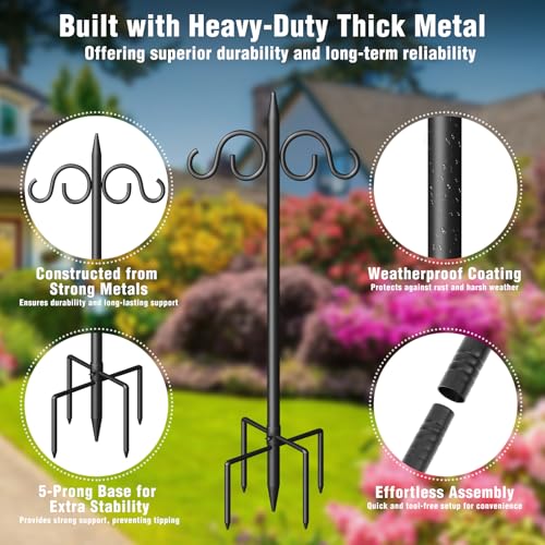 Double Shepherds Hooks for Outdoor, 92 Inch Heavy Duty Bird Feeder Pole with 5 Prongs Base, Adjustable Shepherds Hook for Bird Feeder, Garden, Weddings, Hanging Plant, 1 Pack - size: 92 Inch