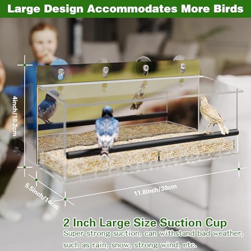 One Way Window Bird Feeder for Outside with 4 Strong Suction Cups, Clear Acrylic Wild Bird House for Cats Viewing, Large Transparent Window Mount Birdfeeder for Bird Lovers Gift