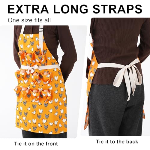 Egg Collecting Apron and Basket, 12 Pouches Chicken Egg Apron, 7 Pouches Chicken Eggs Basket, Collector Chicken Eggs - color: Yellow Flower Chicken, Full-body