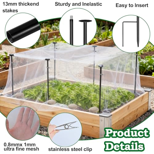 Metal Garden Netting Kit, 6 Pack 2.6ft Raised Garden Bed Net Support Stakes with 13×10ft Fine Mesh Insect Netting 12pcs Clips Bird Barrier Screen Cover for Protect Plant Vegetable Row from Animals Bug - color: 6 Poles With 10×13 Ft Netting